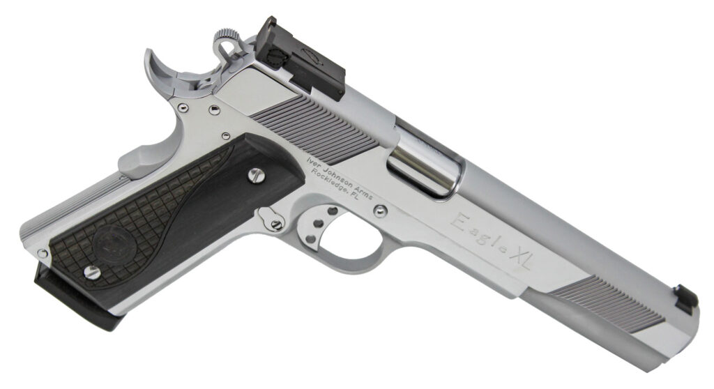 Iver Johnson Arms EAGLEXLC45 Eagle XL  45 ACP 8+1 6" Steel Barrel, Bright Chrome High Polished Long/Serrated Steel Slide & Frame w/Beavertail, Diamondwood Walnut w/Integrated Logo Grip, Right Hand