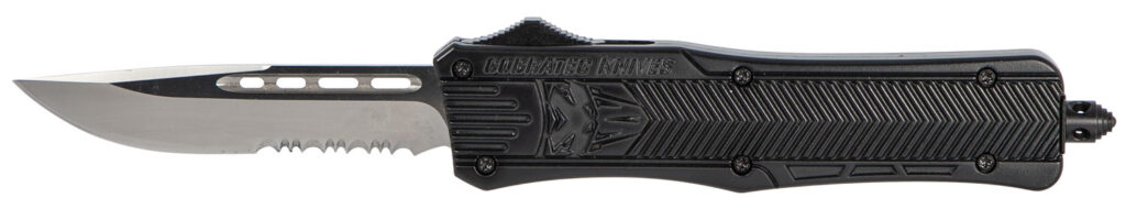 CobraTec Knives MBCTK1MDS CTK-1  Medium 3" OTF Drop Point Part Serrated D2 Steel Blade/Black Aluminum Handle Features Glass Breaker Includes Pocket Clip