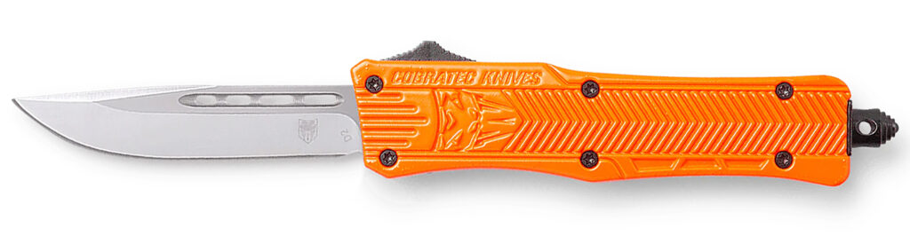 CobraTec Knives SORCTK1SDNS CTK-1  Small 2.75" OTF Drop Point Plain D2 Steel Blade/Orange Aluminum Handle Features Glass Breaker Includes Pocket Clip
