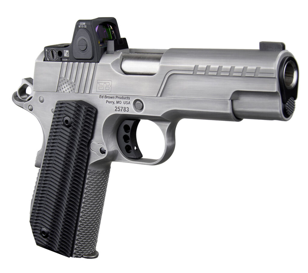 Ed Brown FX2SS FX2 45 ACP 7+1 4.25" Recessed Crown Barrel, Stainless Steel Engraved American Flag/Serrated Slide, Stainless Steel Frame, Trijicon RMRcc 3.25 MOA Sight