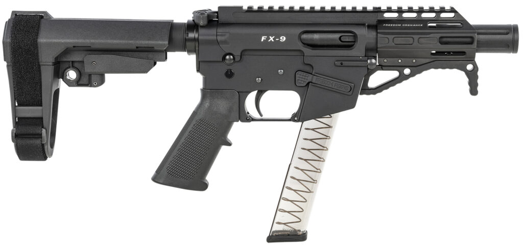 Freedom Ordnance FX9P4S FX-9  9mm Luger 31+1 4" Black Nitride Barrel w/Faux Suppressor, Black Hard Coat Anodized Aluminum Receiver, SB Tactical SBA3 Pistol Brace Stock, Black Polymer Grip