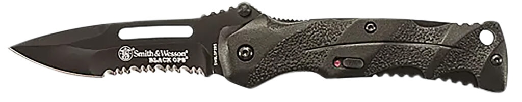 Smith & Wesson Knives SWBLOP2BSCP Black Ops 3.40" Folding Drop Point Part Serrated 4034 SS Blade Black Includes Pocket Clip