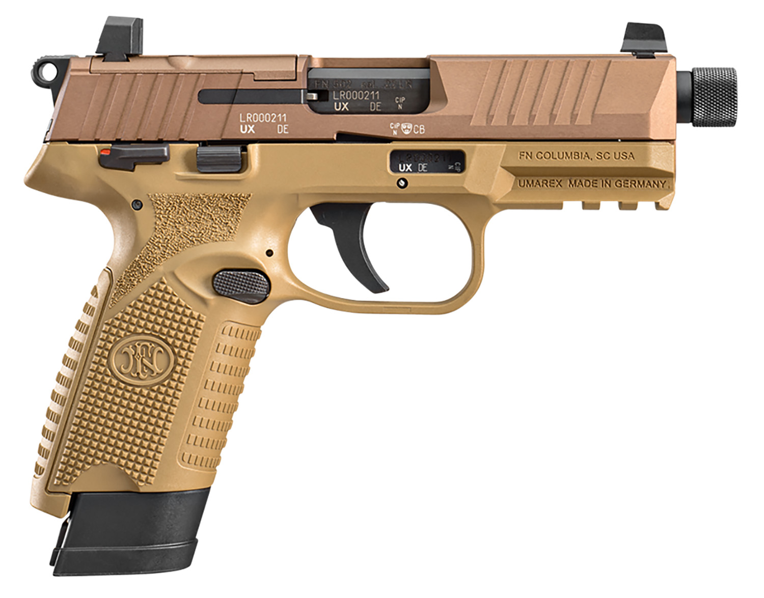 FN 66101006 502 Tactical 22 LR 10+1/15+1, 4.60" Black Steel Threaded Barrel, Flat Dark Earth Optic Ready/Serrated Slide & Polymer Frame w/Picatinny Rail, FDE Textured Polymer Grip, Ambidextrous