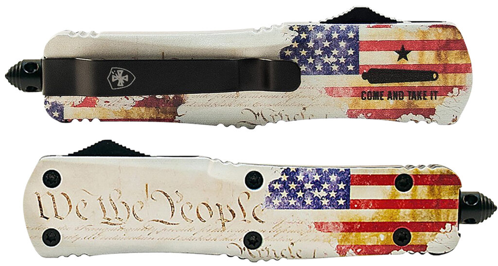 Templar Knife SWTP131 Gen II We The People Small 2.69" OTF Dagger Plain Black Oxide Stonewashed 440C SS Blade, 4.31" White w/Flag & "We The People" Aluminum Handle, Glass Breaker