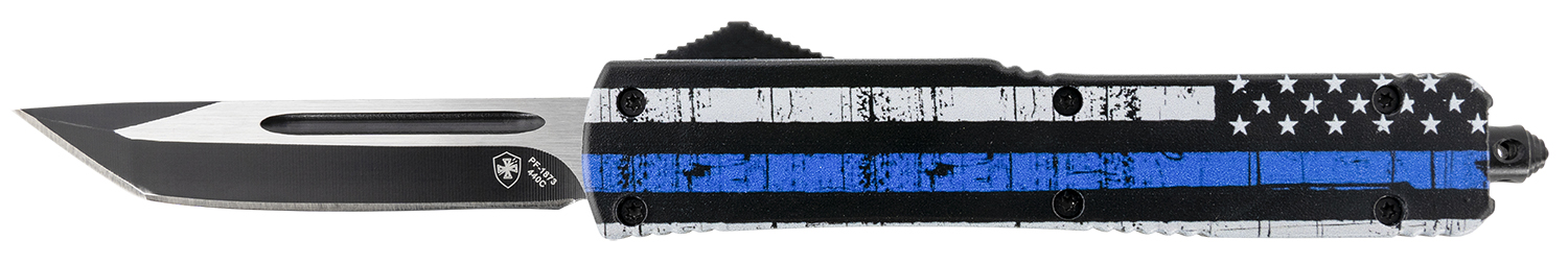 Templar Knife MBTB231 Gen II Back The Blue Slim 3.43" OTF Tanto Plain Black Oxide Stonewashed 440C SS Blade, 5.05" 4.31" Black & White w/Blue Line Aluminum Handle, Glass Breaker