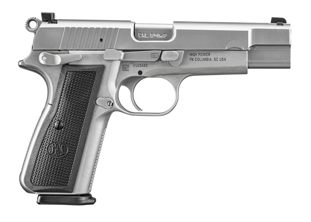 FN 66101116 High Power 9mm Luger 10+1 4.70" Black Target Crown Steel Barrel, Stainless PVD Serrated Steel Slide, Matte Stainless Steel Frame w/Beavertail, Black Textured Polymer Grip, Ambidextrous