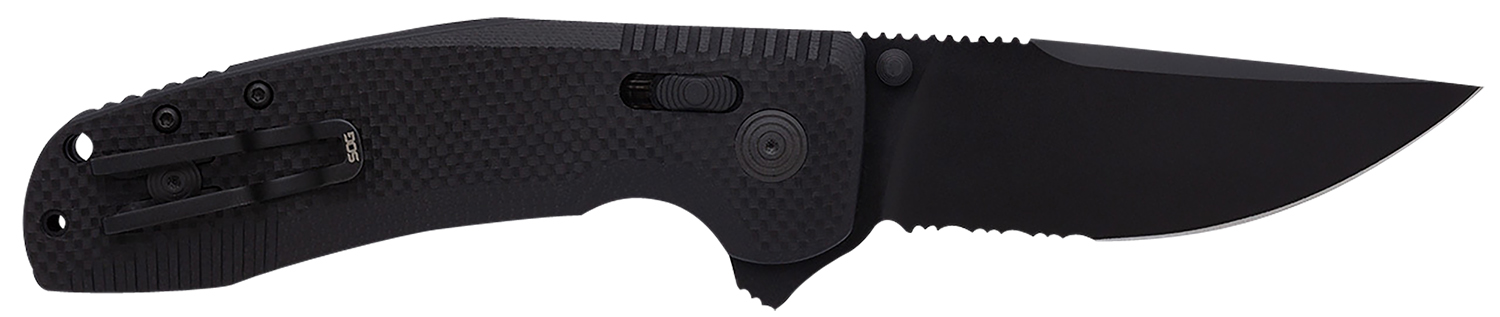 S.O.G SOG12380341 SOG-TAC XR 3.39" Folding Clip Point Part Serrated Black TiNi Cryo D2 Steel Blade Blackout G10 Handle Includes Pocket Clip
