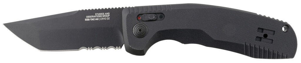 S.O.G SOG15380457 SOG-TAC Auto 3.43" Folding Tanto Part Serrated Black TiNi Cryo D2 Steel Blade Black Micro-Textured Anodized Aluminum Handle Includes Pocket Clip