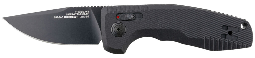 S.O.G SOG15380757 SOG-TAC Auto Compact 2.94" Folding Straight Back Plain Black TiNi Cryo D2 Steel Blade Black Micro-Textured Anodized Aluminum Handle Includes Pocket Clip