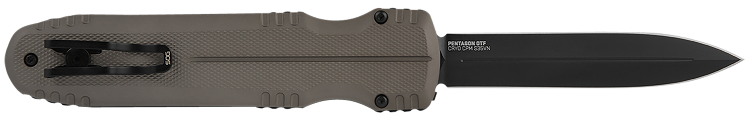S.O.G SOG15610257 Pentagon 3.79" OTF Spear Point Plain Black TiNi Cryo CPM S35VN Steel Blade, Flat Dark Earth Aluminum Handle