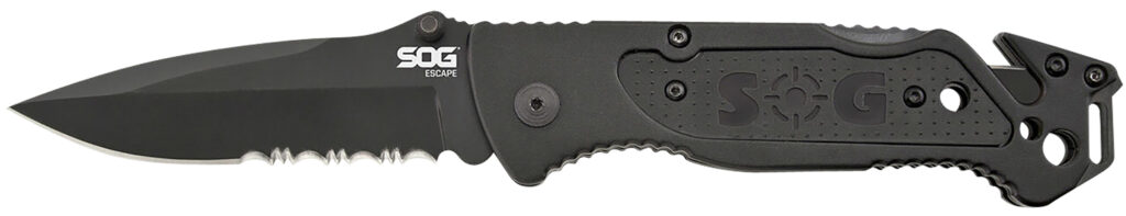 S.O.G SOGFF25CP Escape 3.40" Folding Clip Point Part Serrated Black Hardcased 9Cr18MoV SS Blade Black Anodized Aluminum Handle Includes Belt Clip