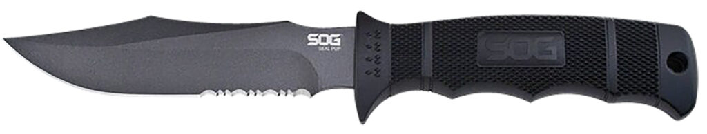 S.O.G SOGM37NCP Seal Pup 4.75" Fixed Clip Point Part Serrated Powder Coated AUS-8A SS Blade Black w/Raised Diamond Pattern GRN Handle Includes Lanyard/Sheath