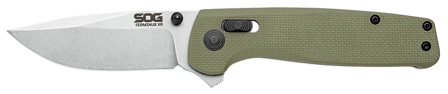 S.O.G SOGTM1022BX Terminus XR 2.95" Folding Clip Point Plain Stonewashed BD1 Steel Blade Olive Drab Textured G10 Handle Features Box Packaging Includes Pocket Clip