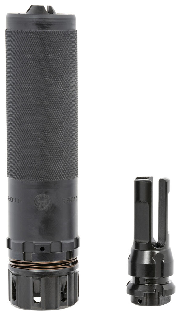 Dead Air SIERRA5KM Sierra-5  5.56mm 1.50"D 1/2"-28 tpi Thread Pattern Made of Stellite Baffles & Stainless Steel Tube with Black Cerakote Finish Includes KeyMo Flash Hider & Mount