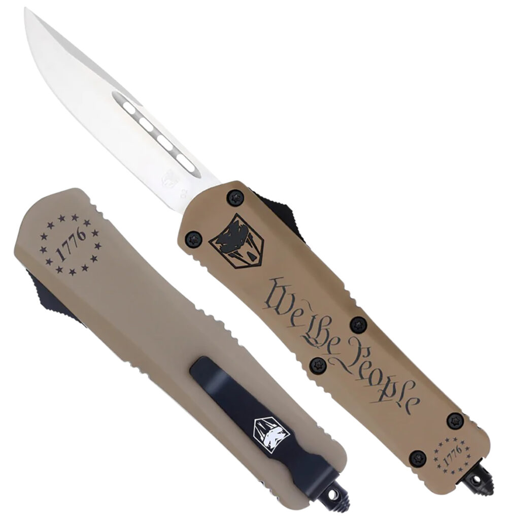 CobraTec Knives SWTPFS3DNS FS-3 We The People Small 2.75" OTF Drop Point Plain Aluminum Cerakoted D2 Steel Blade, Tan "We The People" Aluminum Handle
