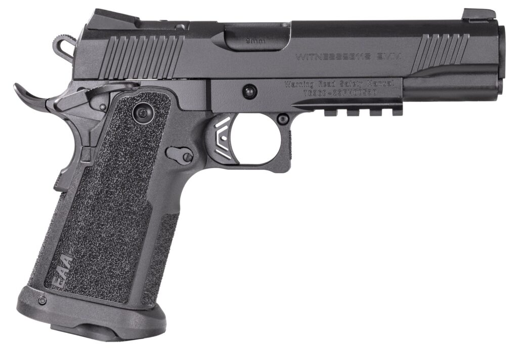 Girsan 395020 Witness2311  9mm Luger 17+1 5" Black Steel Barrel, Black Optic Ready/Serrated Steel Slide, Black Polymer Frame w/Beavertail & Picatinny Rail, Black Checkered Polymer Grip, Ambidextrous