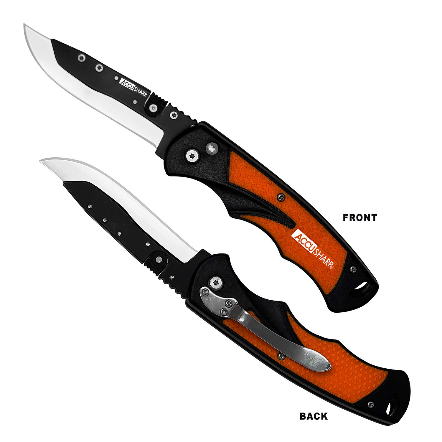 AccuSharp 741C Replaceable Blade Razor 3.50" Folding Plain Stainless Steel Blade/Blaze Orange Ergonomic Anti-Slip Anodized Aluminum Handle/ Includes 2 Replacement Blades/Belt Clip