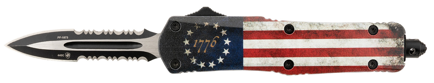 Templar Knife SBRF431 Gen II Betsy Ross Flag Small 2.75" OTF Dagger Part Serrated 440C SS Blade, 4.25" Betsy Ross Flag Aluminum Handle, Glass Breaker