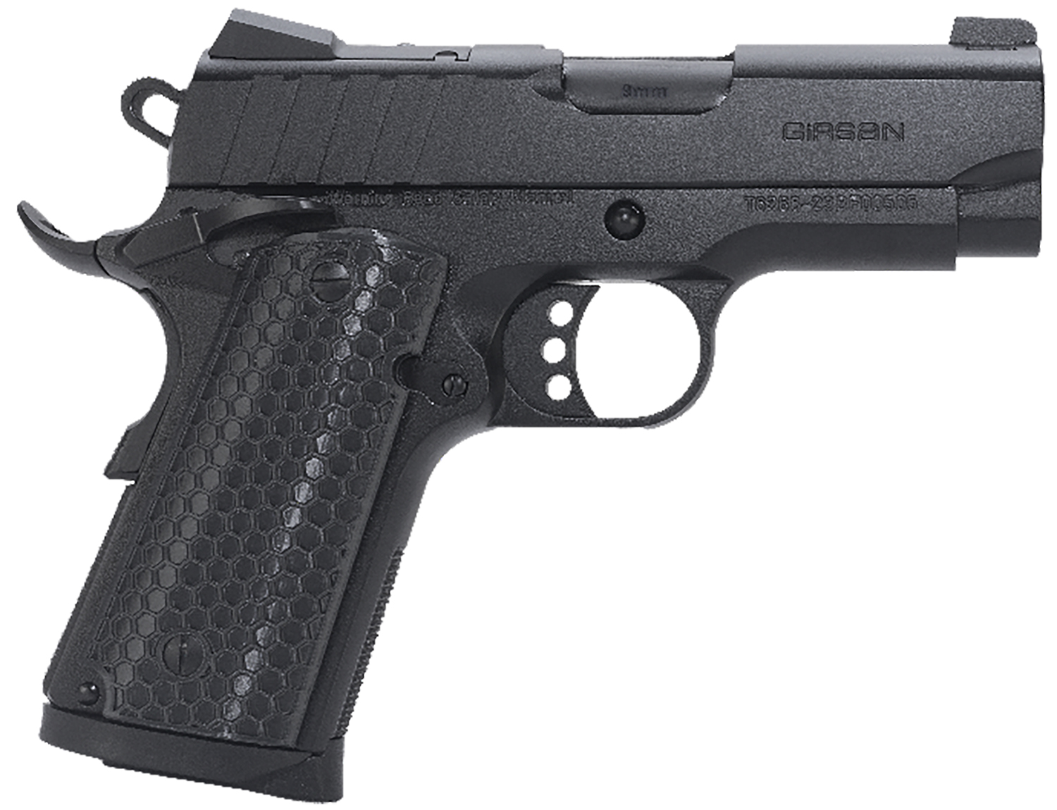 Girsan 391040 MC1911 SC Influencer Sub-Compact 9mm Luger 7+1 3.40" Blued Steel Barrel, Black Cerakote Optic Ready/Serrated Steel Slide & Frame w/Picatinny Rail & Beavertail, Gray Polymer Grip