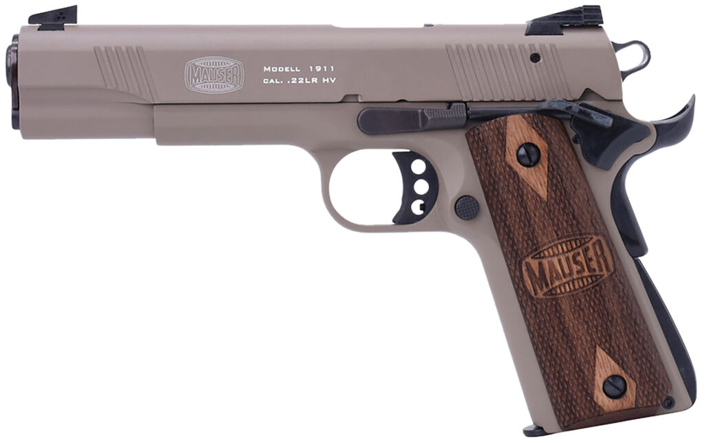 Mauser Rimfire 4110604 1911 22 LR 10+1 5" Black Steel Barrel, Tan Serrated Aluminum Slide, Tan Aluminum Frame w/Beavertail, Walnut Grip, Ambidextrous