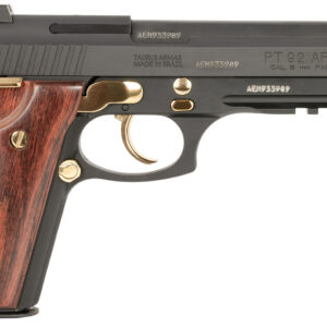 Taurus 1-920151GLD-HW1 92 Full Size Frame 9mm 17+1 5" Matte Black Stainless Steel Barrel, Matte Black Serrated Alloy Steel Slide, Matte Black w/Gold Accents Aluminum Frame w/Picatinny Rail, Wood Grip