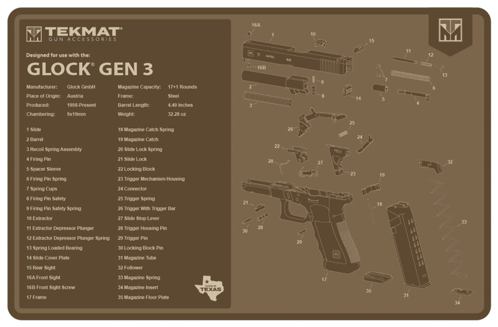 TekMat TEKR17GLOCKG3FDE Glock Gen 3 Cleaning Mat Flat Dark Earth Rubber 11"x17" Glock Gen 3 Parts Diagram
