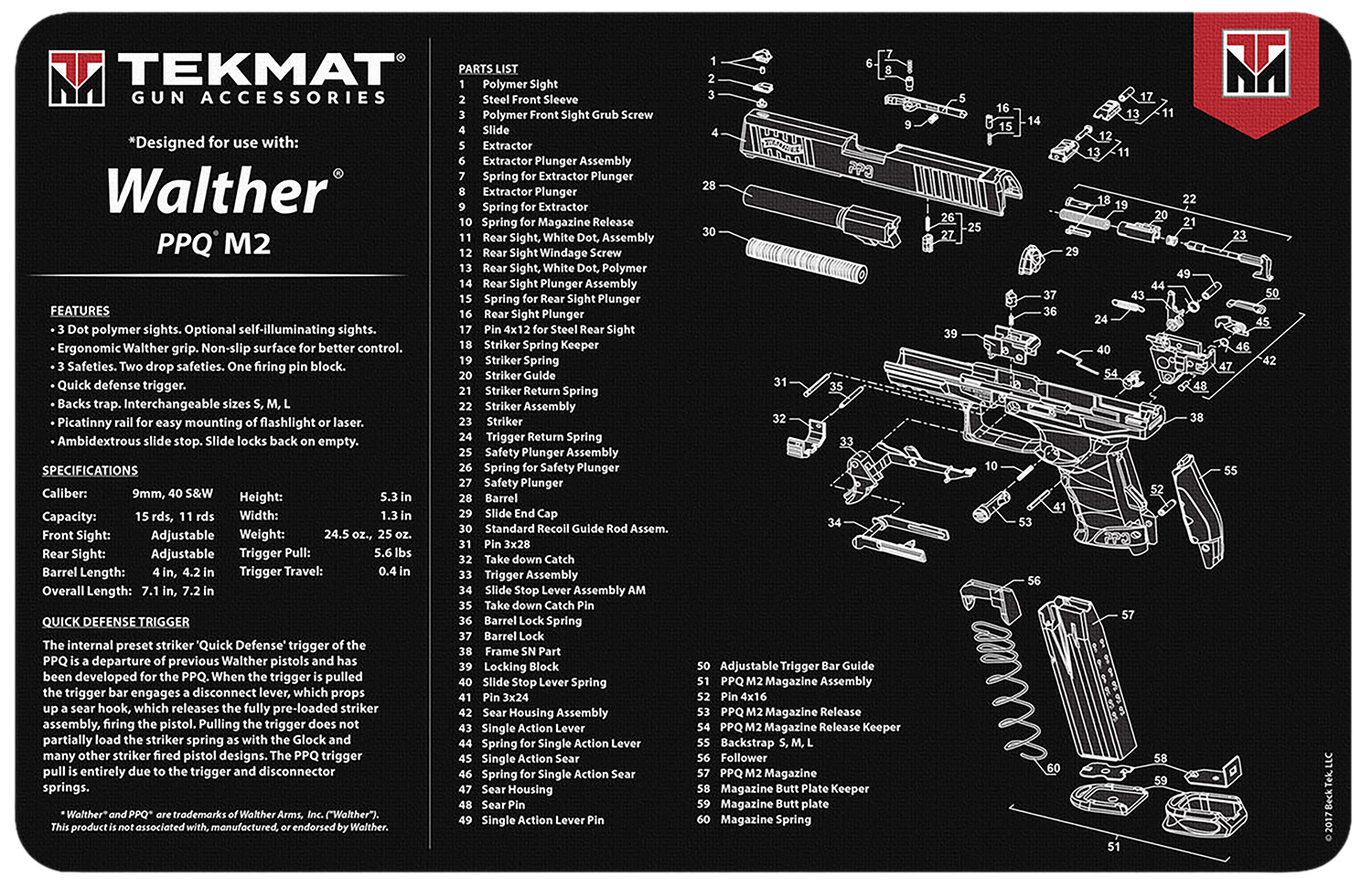 TekMat TEKR17WALPPQM2 Walther PPQ MOD 2 Cleaning Mat Black/White Rubber 11"x17" Walther PPQ MOD 2 Parts Diagram