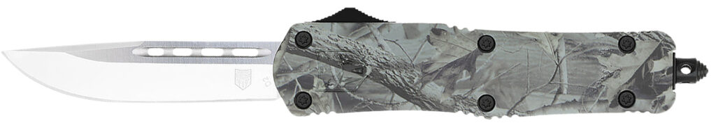 CobraTec Knives MWDFS3DNS FS-3  Medium 3" OTF Drop Point Plain D2 Steel Blade, 4.50" Woodland Camo Aluminum Alloy Handle