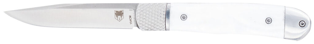 CobraTec Knives CTTHRWTABA154CM Trapper  Small 3.13" Folding Plain 154CM SS Blade, 4.25" White Abalone Scales Handle