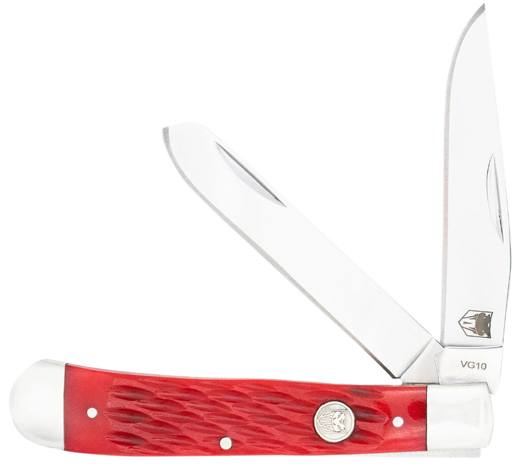 CobraTec Knives CTTDTRPREDBN Trapper  Folding 2.88" Clip Point, 2.94" Spey Plain Polished VG-10 SS Blades, 4.44" Red Bone Scales/SS Handle