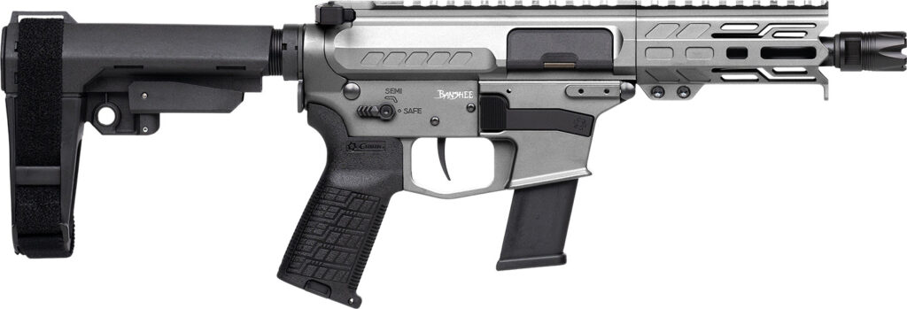 CMMG 45A150FTNG Banshee FE MkG 45 ACP 13+1 5" Black Nitride Threaded Barrel, M-LOK Handguard, Titanium Cerakote Aluminum Receiver w/Picatinny Rail, Black Polymer CMMG RipBrace, CMMG Zeroed Grip