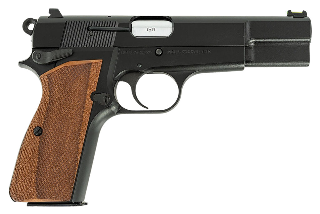 Inglis 12000009 P-35  Full Size Frame 9mm Luger 15+1 4.70" Hard Chrome Plated Button Rifled Barrel, Black Cerakote Steel Serrated Slide, Black Cerakote Steel Frame, Walnut Checkered Grip