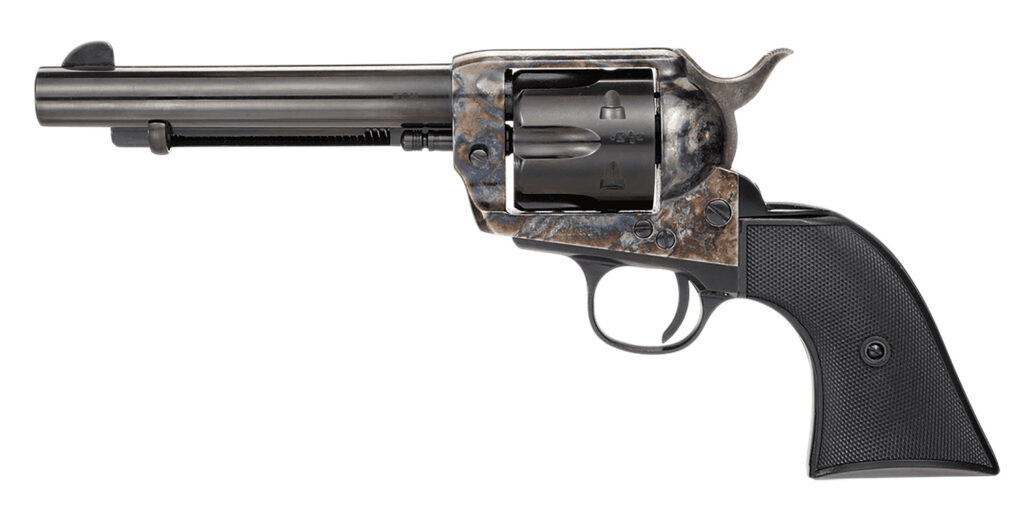 Taylors & Company 200110 1873 Pietta 9mm Luger 6 Shot 5.50" Blued Round Barrel, Blued Cylinder, Color Case Hardened Steel Frame, Black Checkered Plastic Navy Grip, Manual Safety, Exposed Hammer