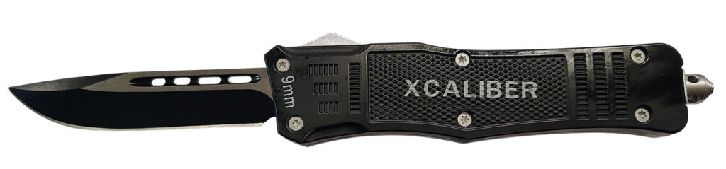 Xcaliber Knife Company  9mm  Large 3.80" OTF Drop Point Black 440C SS Blade, 5.30" Steel Handle