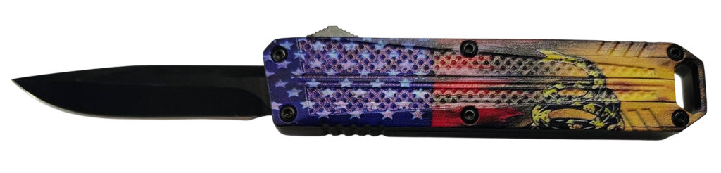 Xcaliber Knife Company  Don't Tread on Me  Small 2.75" OTF Drop Point Plain Black 440C SS Blade, 4.15" US Flag Aluminum Handle
