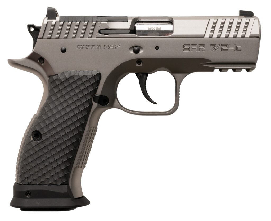 Sarsilmaz SAR7/24C 7/24  Compact 9mm Luger 17+1 Matte Stainless Steel Frame w/Beavertail & Picatinny Rail, Black Polymer Grip