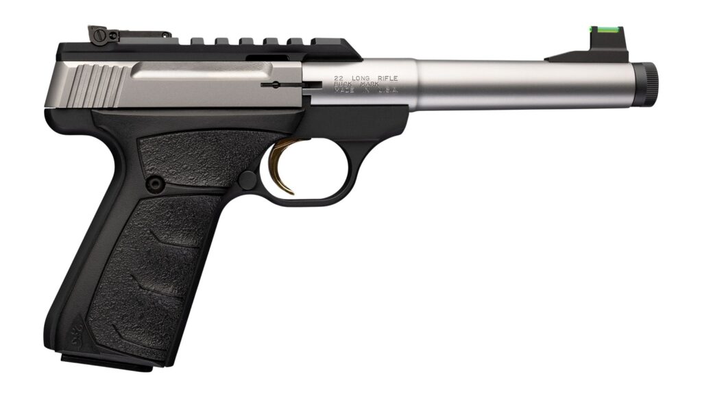 Browning 051618490 Buck Mark Plus Camper SR 22 LR 10+1 5.90" Matte Blued Bull Threaded Barrel, Picatinny Rail Receiver, Aluminum Frame, Black Overmolded UFX Grip