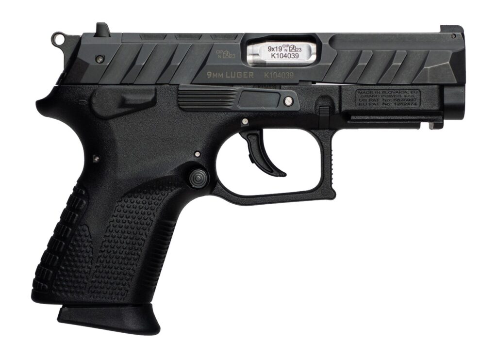 Grand Power 8588005944663 P1S Mk23 9mm Luger 12+1 3.66" Stainless Rotating Barrel, Black Optic Ready/Serrated Slide, Black Frame w/Accessory Rail, Checkered Grip, Ambidextrous