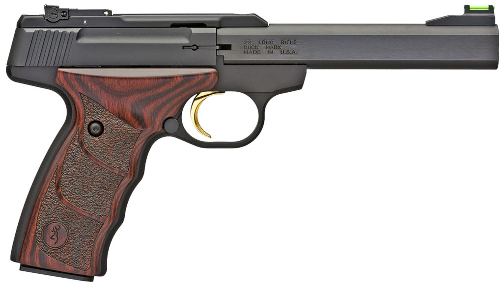 Browning 051429490 Buck Mark Plus *CA Compliant 22 LR 10+1 5.50" Slab Side Barrel, Matte Black Serrated Steel Slide & Aluminum Frame, Brown Finger Grooved Laminate Grips