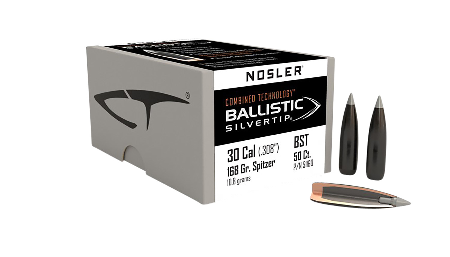 Nosler 51160 Ballistic Silvertip 30Cal 168gr Spitzer Point 50/Box