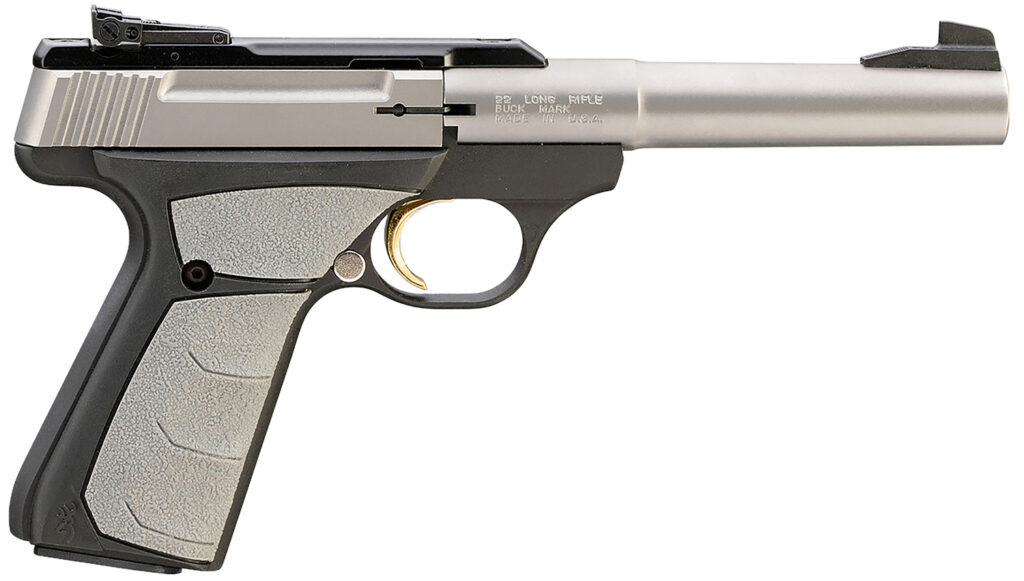 Browning 051483490 Buck Mark Camper *CA Compliant 22 LR 10+1 5.50" Tapered Bull Barrel, Matte Stainless Serrated SS Slide, Matte Black Aluminum Frame & Gray Overmolded Grips