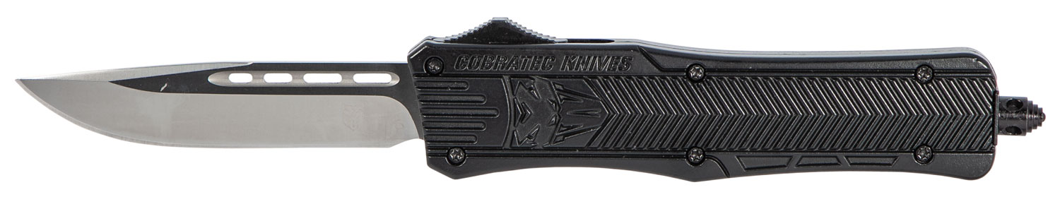 CobraTec Knives MBCTK1MDNS CTK-1 Medium 3" OTF Drop Point Plain D2 Steel Blade/Black Aluminum Handle Features Glass Breaker Includes Side Button