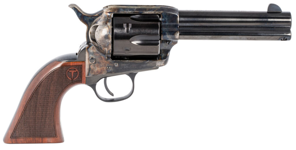 Taylors & Company 550180 Smoke Wagon 357 Mag Caliber with 4.75" Blued Finish Barrel, 6rd Capacity Blued Finish Cylinder, Color Case Hardened Finish Steel Frame & Checkered Walnut Grip