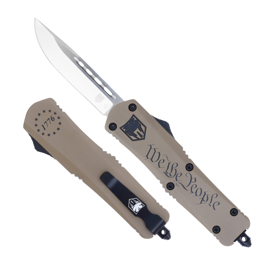 CobraTec Knives MWTPFS3DNS FS-3 We The People Medium 3" OTF Drop Point Plain D2 Steel Blade Tan w/"We The People" Aluminum Cerakoted Handle Features Glass Breaker Includes Pocket Clip