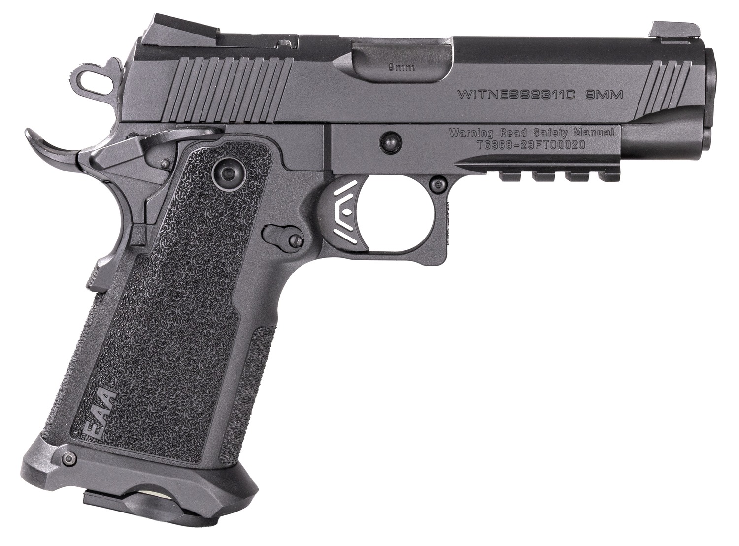 Girsan 395030 Witness2311 9mm Luger 17+1 4.25" Black Steel Barrel, Black Serrated Steel Slide, Black Polymer Frame w/Beavertail & Picatinny Rail, Black Checkered Polymer Grip, Ambidextrous
