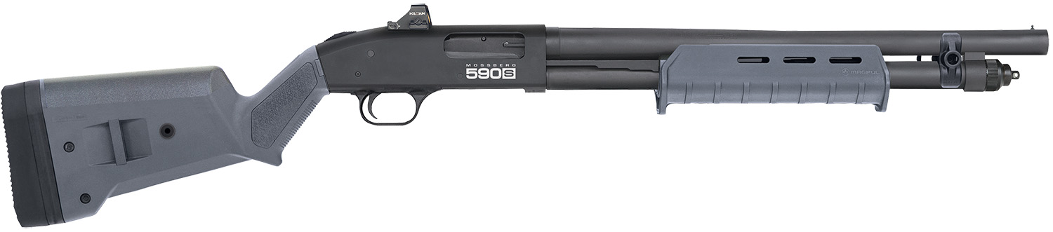Mossberg 51606 590S w/Optic Compact 12 Gauge Pump 3" 5+1 18.50" Matte Blued Steel Barrel, Drilled & Tapped Receiver, MOE Forend, Gray Magpul SGA Adj Stock Synthetic Stock, Holosun Micro Dot