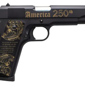 Tisas Arms 10100518US250 1911 America's 250th Full Size 45 ACP 7+1 5" Stainless Barrel, Black w/Gold Engraving Steel Serrated Slide, Black w/Gold Engraving Steel Frame w/Beavertail, Black w/Gold Accen