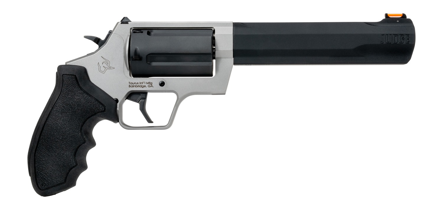 Taurus 2-JUDGE65 Judge 45 Long Colt/410 Gauge 5 Shot 6.50" Stainless Steel Barrel & Frame, Black Stainless Steel Cylinder, Black Rubber Grip, Transfer Bar Safety