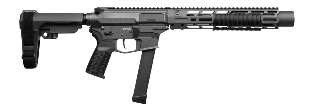 CMMG 99A6832-TNG Zeroed Banshee MkGs 9mm Luger 33+1 6.50" Black Nitride Threaded Barrel, Tungsten Cerakote Aluminum Receiver w/Picatinny Rail, M-LOK Handguard, Black Polymer CMMG RipBrace, CMMG Zeroed