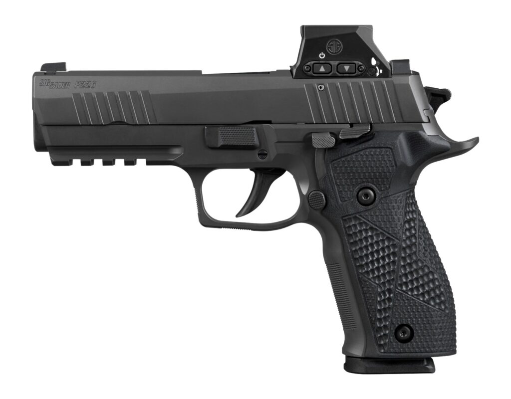 Sig Sauer 226X9RXSL10 P226 w/Optic Full Size 9mm Luger 10+1 4.40" Black Bull Barrel. Matte Black DLC Stainless Steel Serrated w/Optic Slide. Black Anodized Alloy Frame w/Picatinny Rail. Black Hogue G1